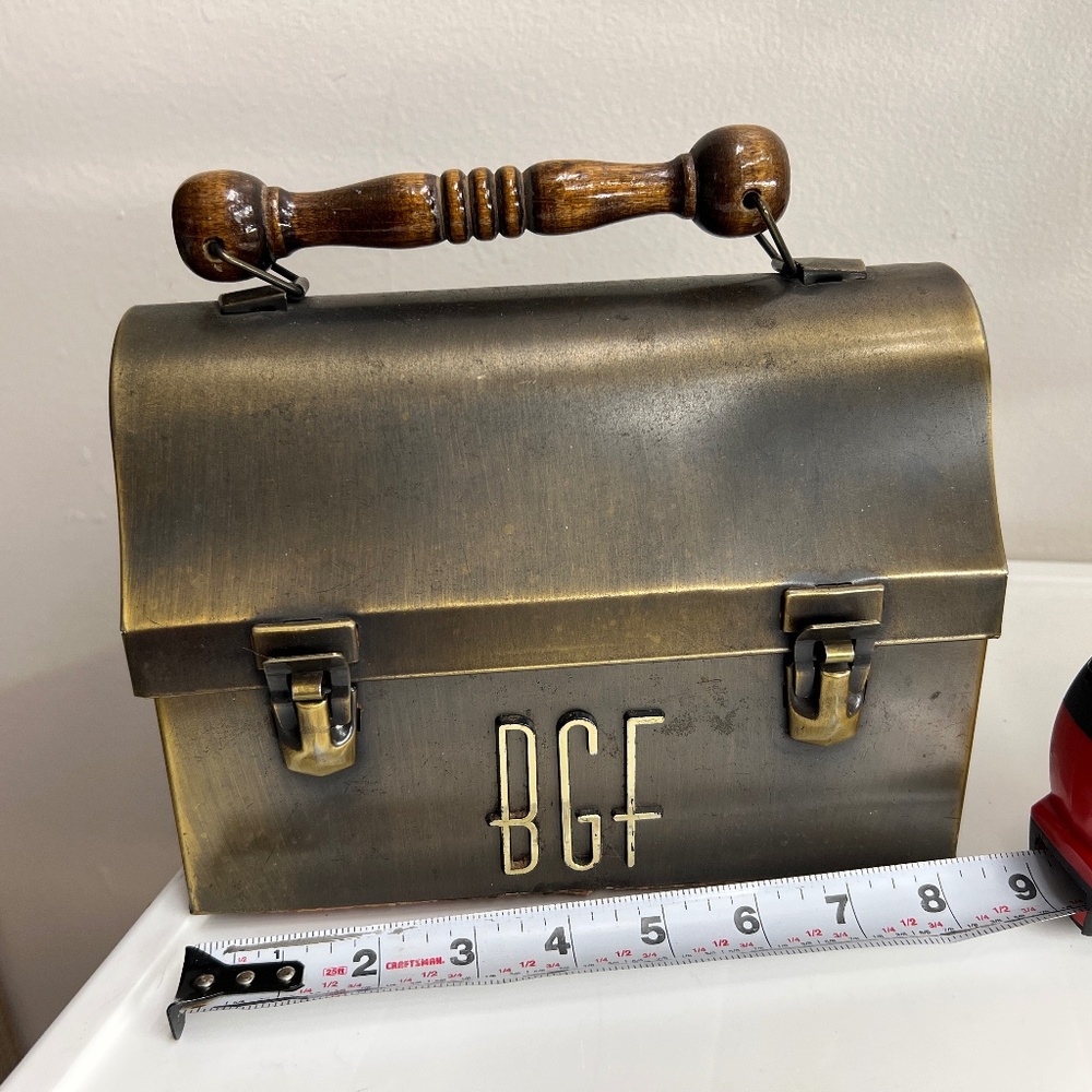 OLD vintage METAL lunch BOX "BGF" KANS GO PRODUCTS HIGH DOME TOP WOOD HANDLE